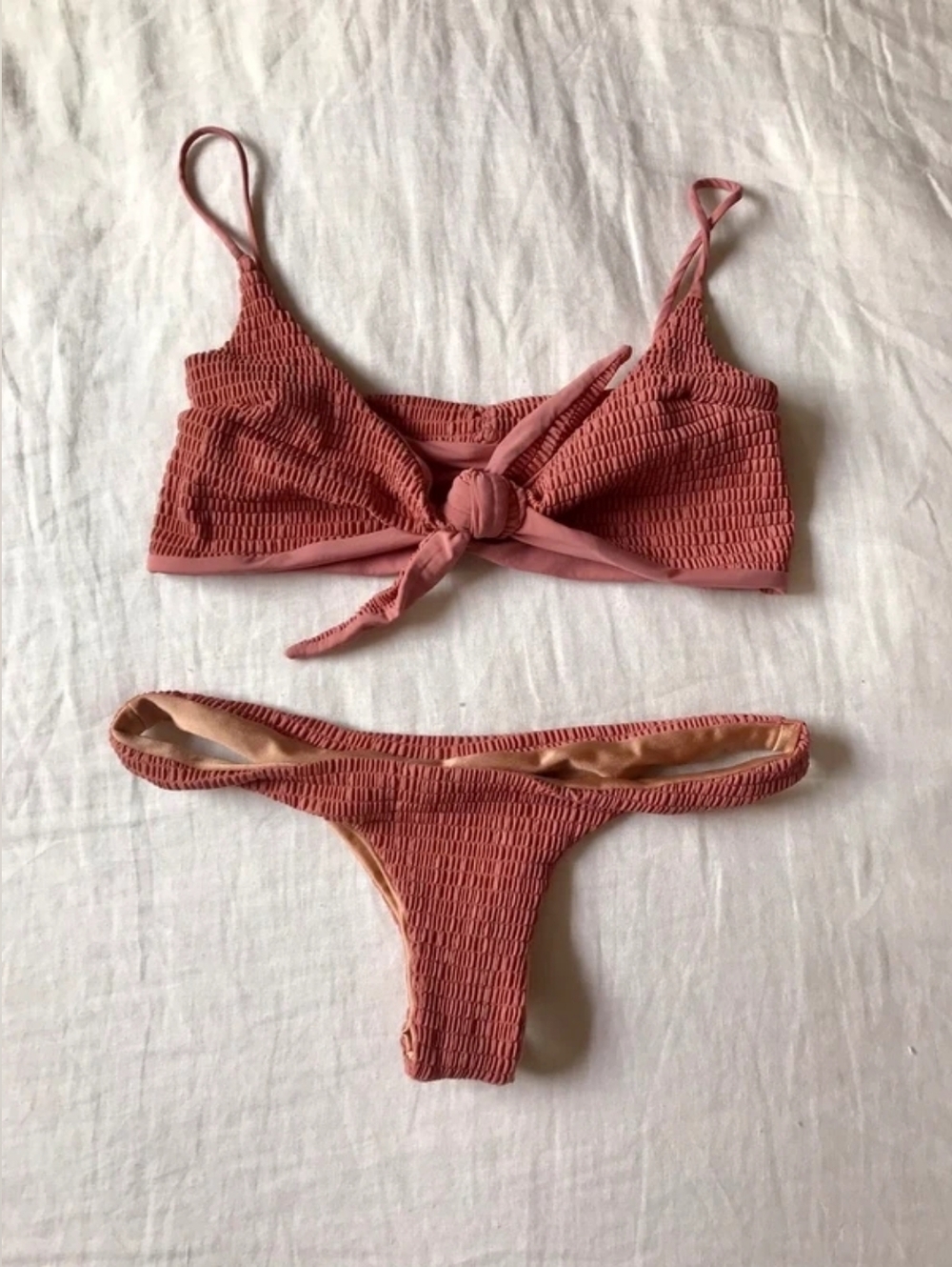 Smocked Tie-Front Bikini Set in Dusty Rose